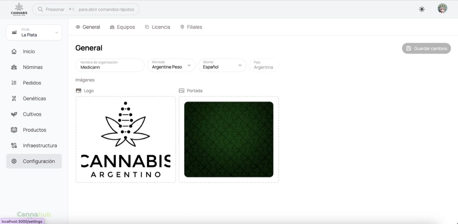 CannaHub organisation settings with a tenant logo replacing the platform logo