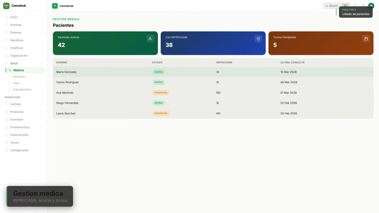 Walkthrough of the medical module — patient list and REPROCANN status