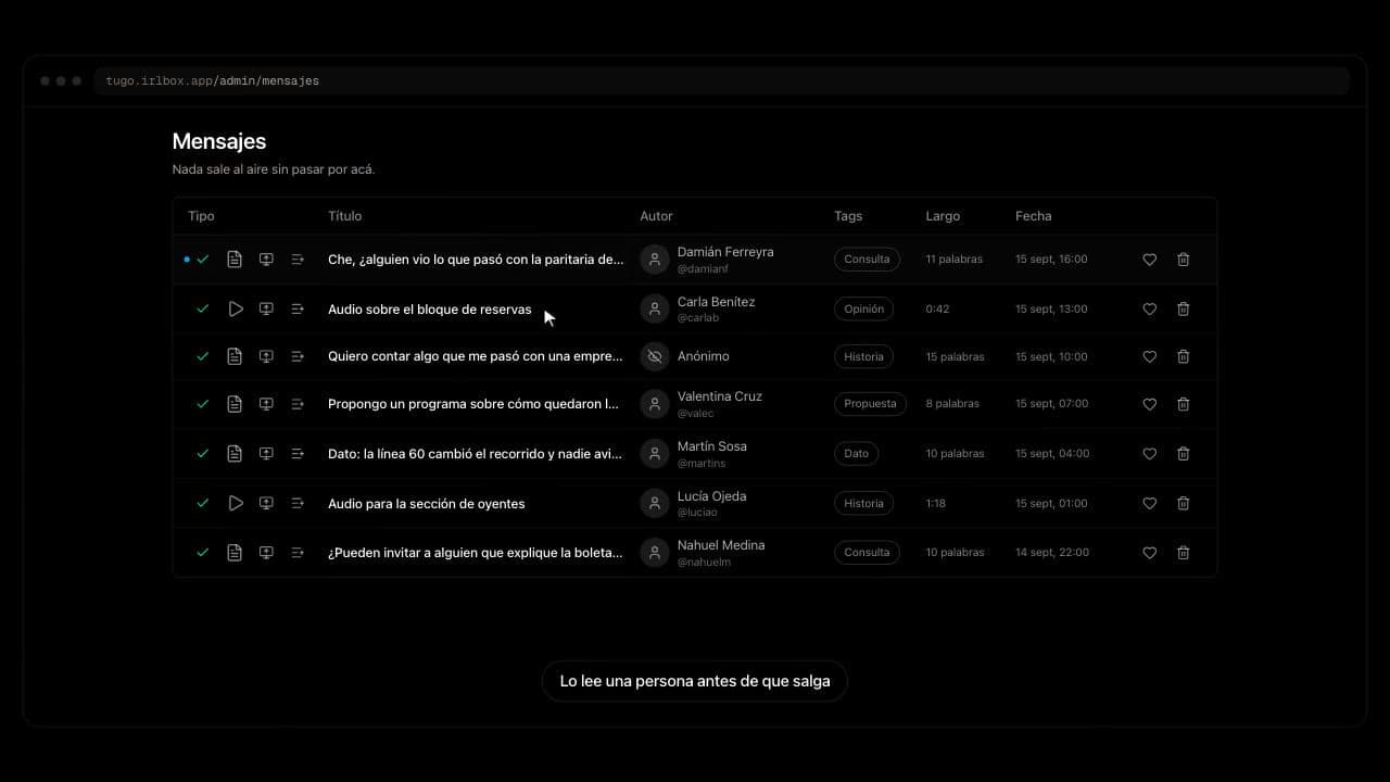 Walkthrough of the admin message queue with AI-assigned tags and transcribed audio