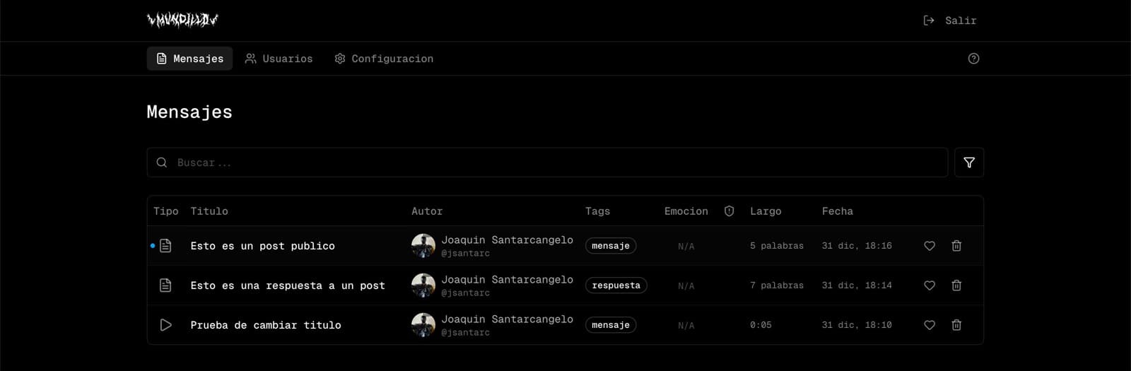 IRLBox moderation queue listing incoming messages with tags and emotion columns