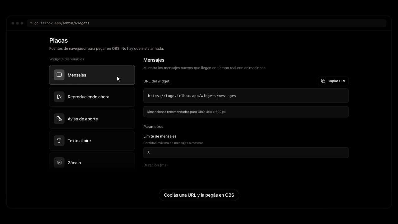Walkthrough of the OBS widget configuration screen