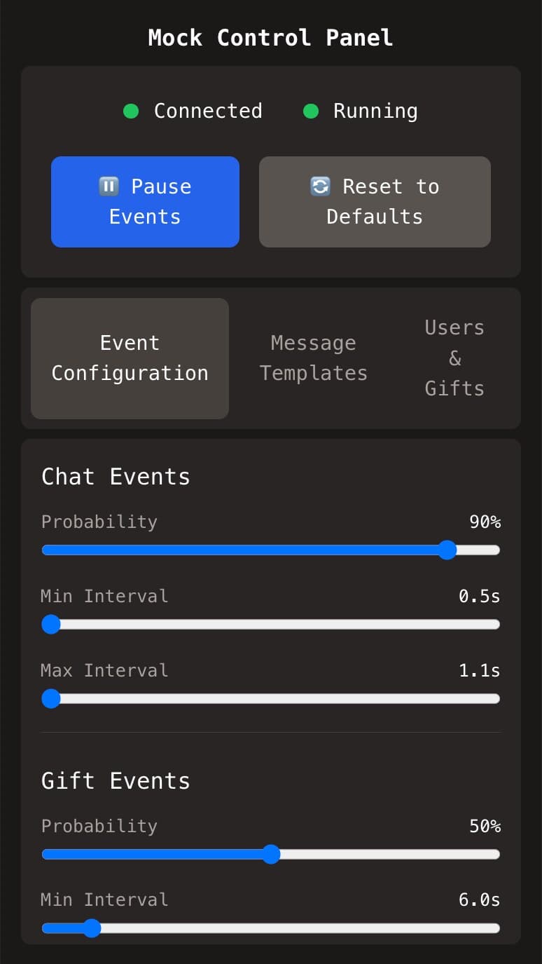 Mock control panel with sliders for chat, gift and like event rates