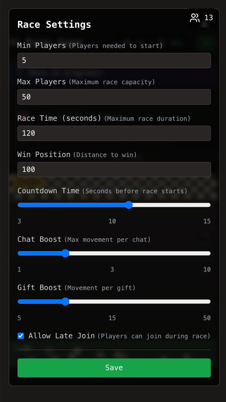 Race settings dialog with player limits, race time, win position and boost values