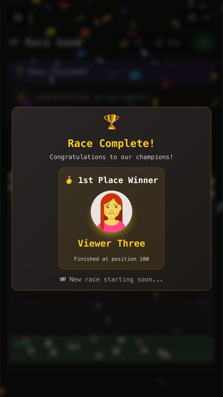Race complete overlay announcing the first place winner with confetti
