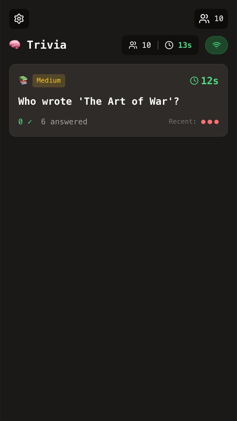 Trivia question with difficulty badge, countdown and answered count