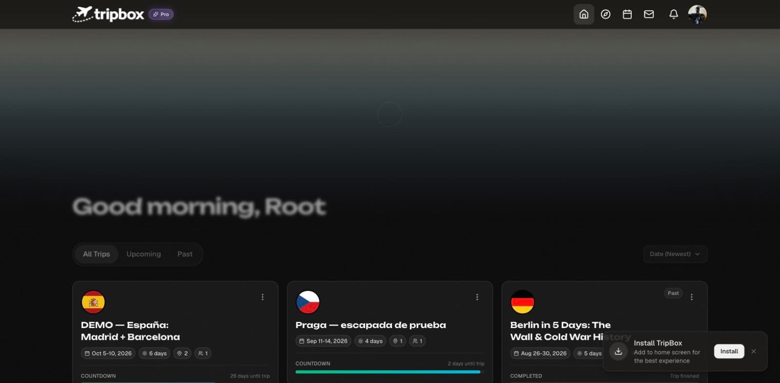 TripBox hub showing upcoming trips with countdowns