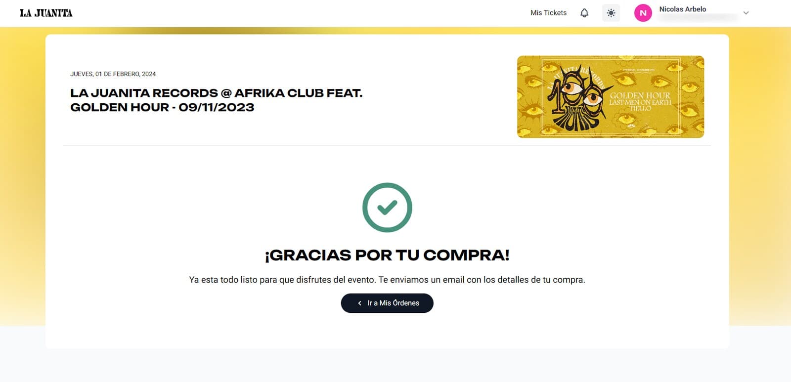 Purchase confirmation screen thanking the buyer and linking to their orders