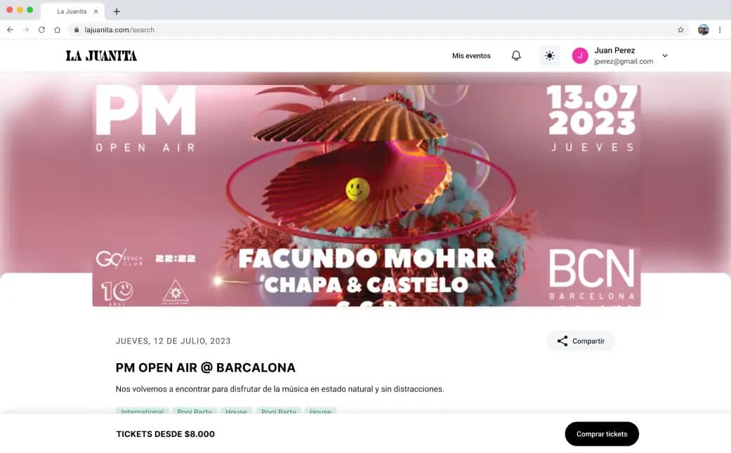 La Juanita event page for a Barcelona pool party, with tags, description and a sticky ticket bar