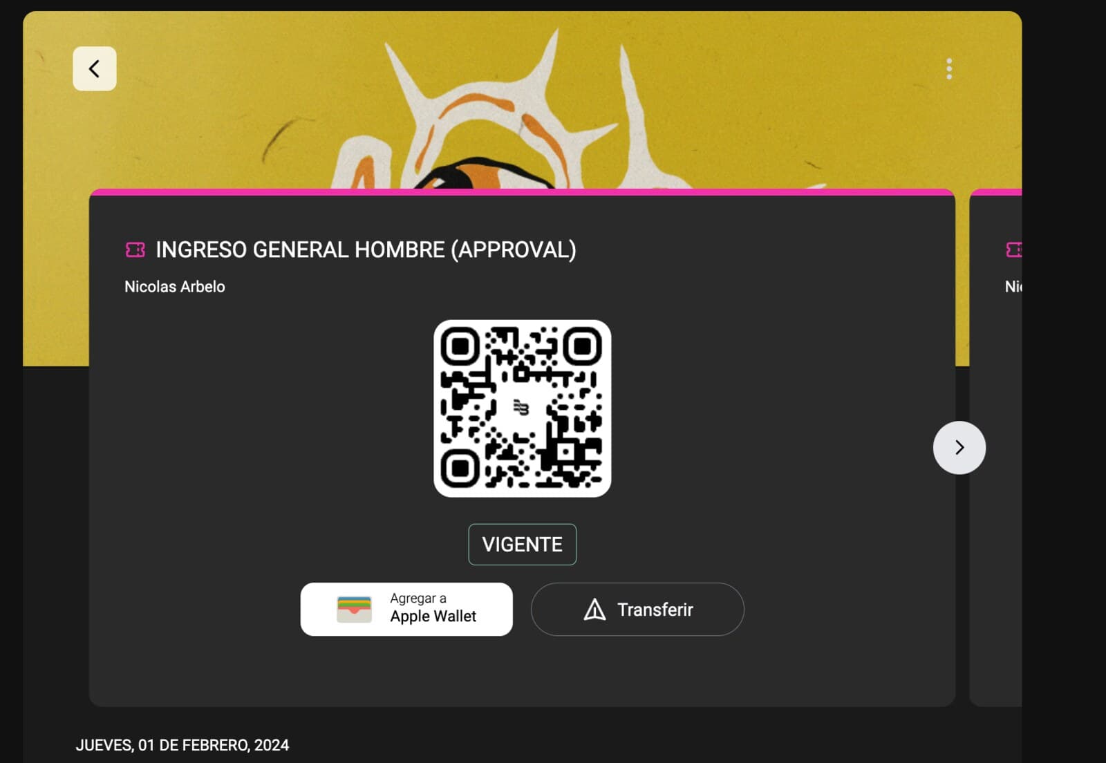 Ticket detail with a QR code, a valid state, an Apple Wallet button and a transfer action