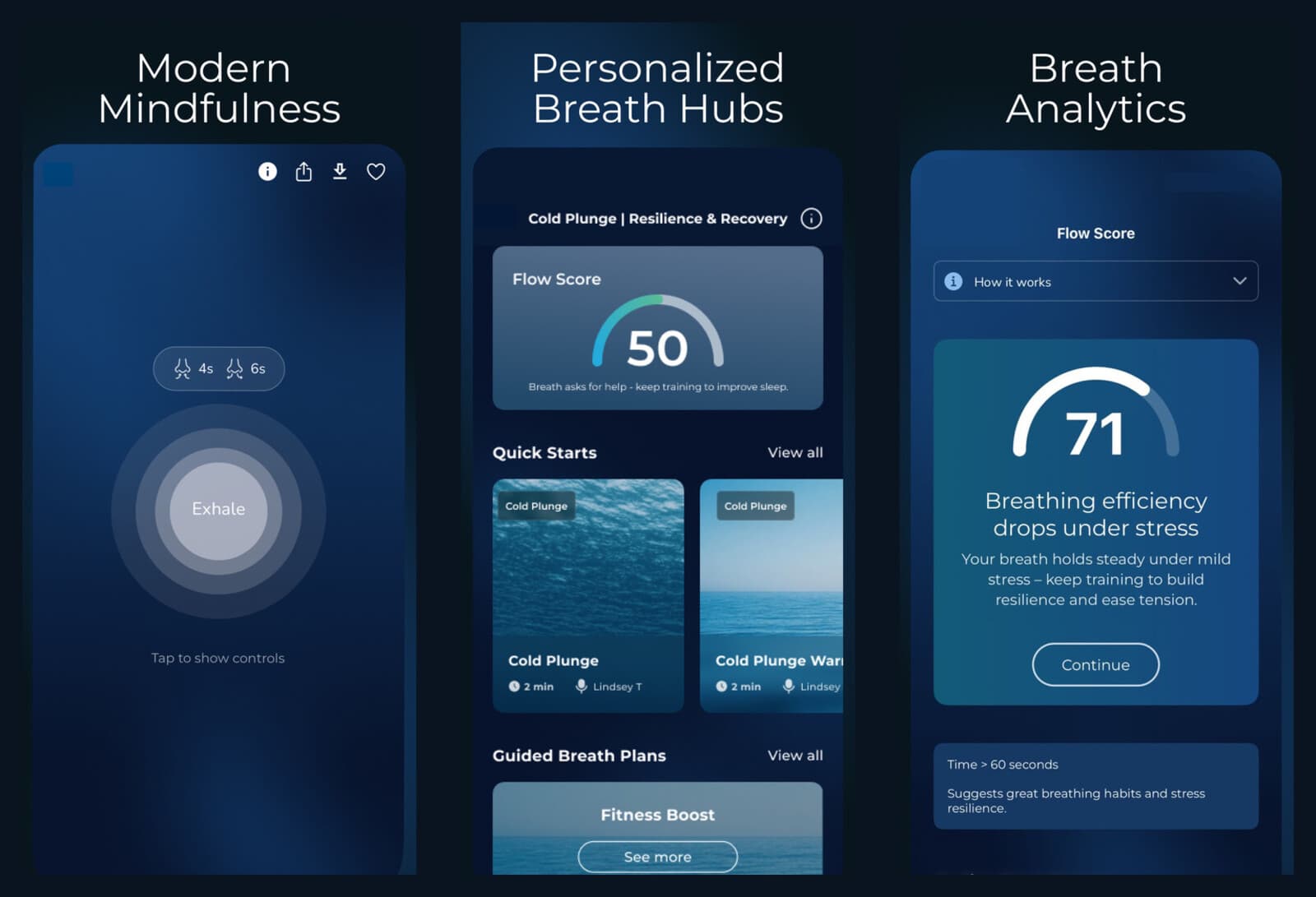Three app screens: the breathing pacer, a cold plunge hub with a flow score, and the breath analytics readout
