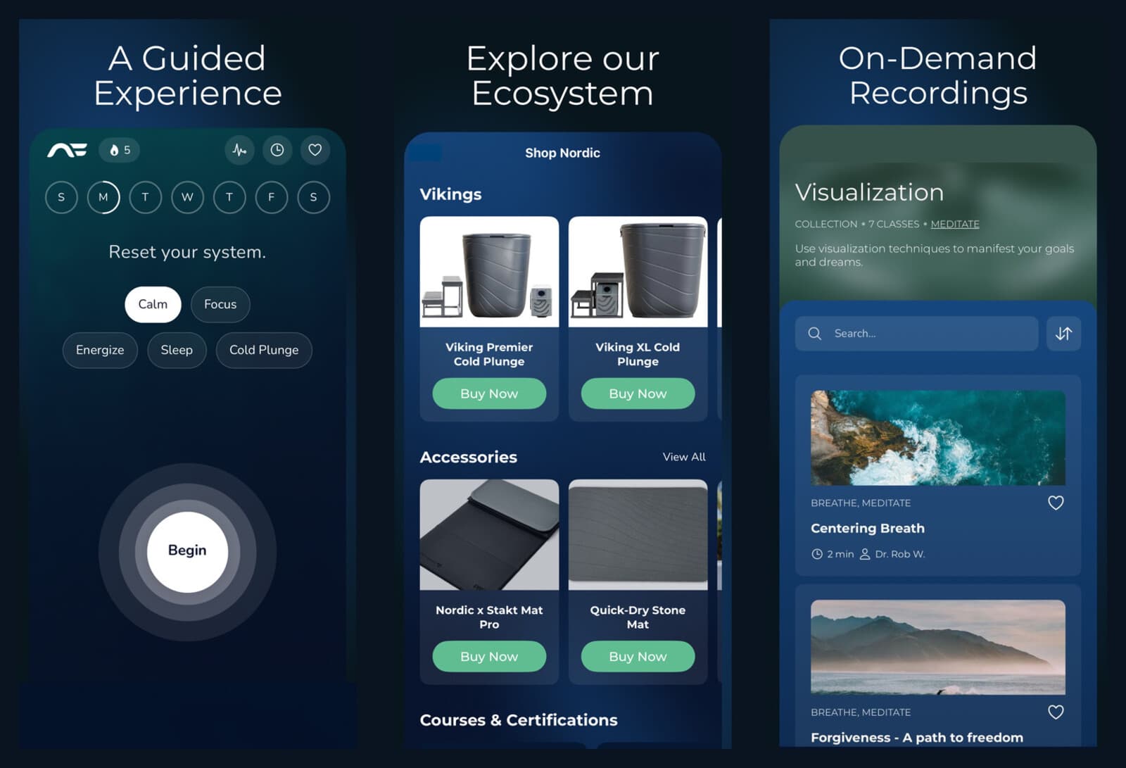Three app screens: the home screen with intents and a streak, the Nordic shop, and the on-demand class library