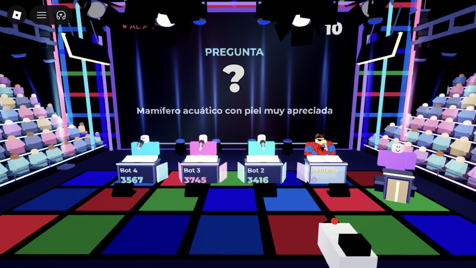 The studio set with no interface: LED floor, truss, moving heads, grandstands and a studio camera in frame
