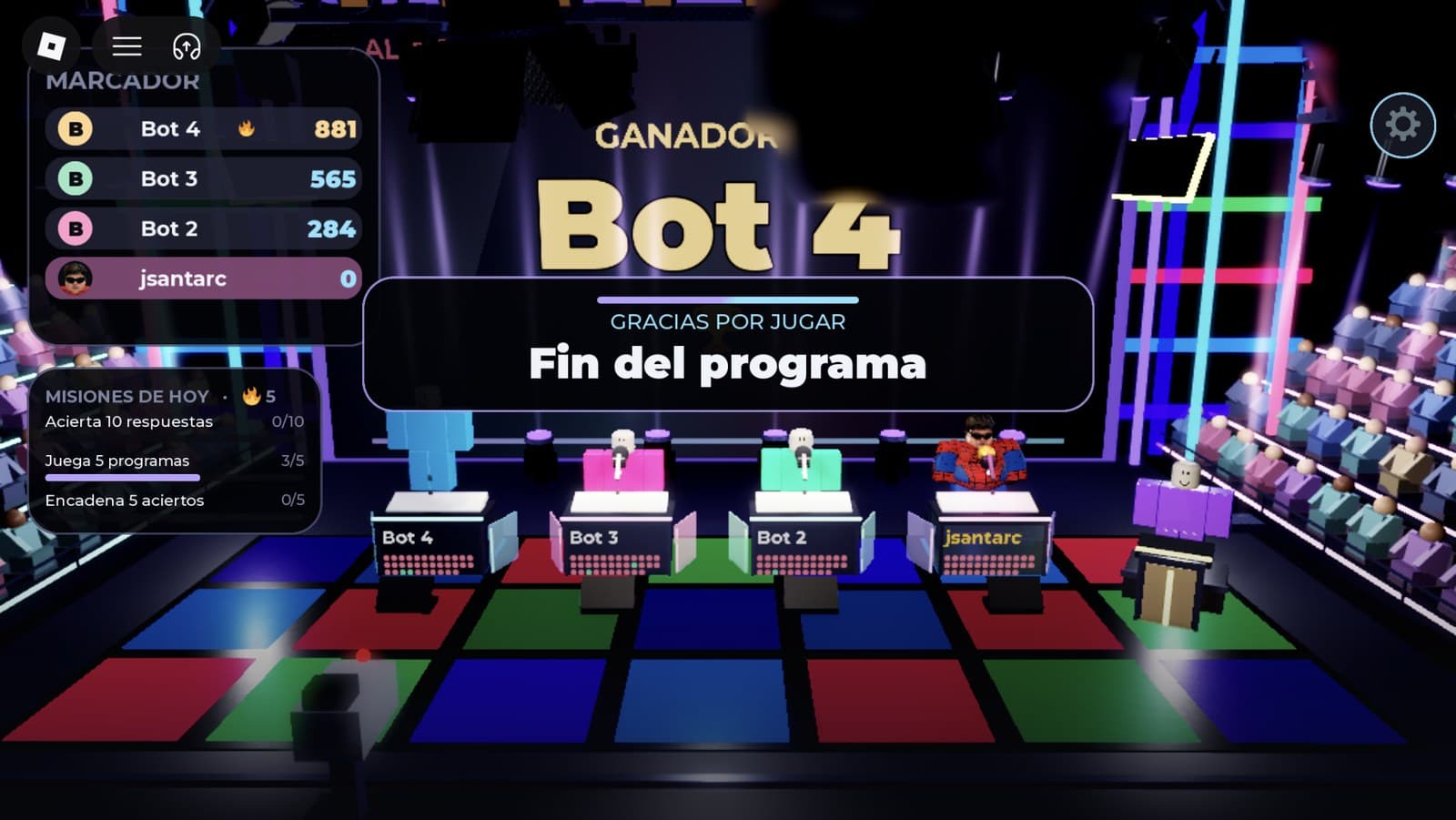 Credits with the winner on the video wall, the daily quests panel and the scoreboard
