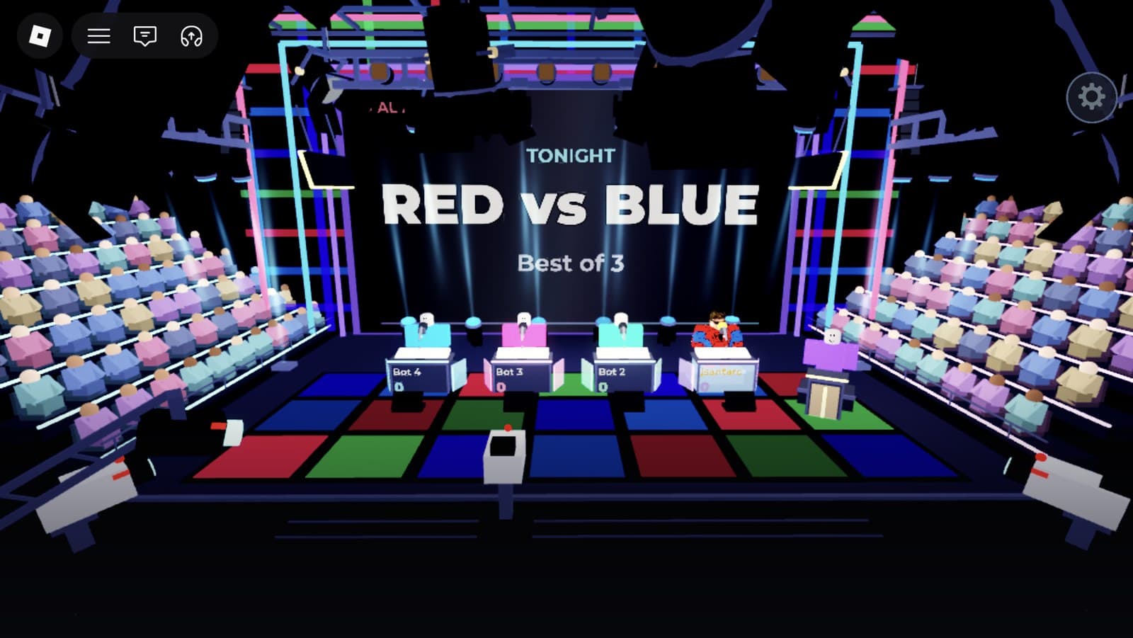 Wide crane shot with the video wall reading Tonight, Red vs Blue, best of 3