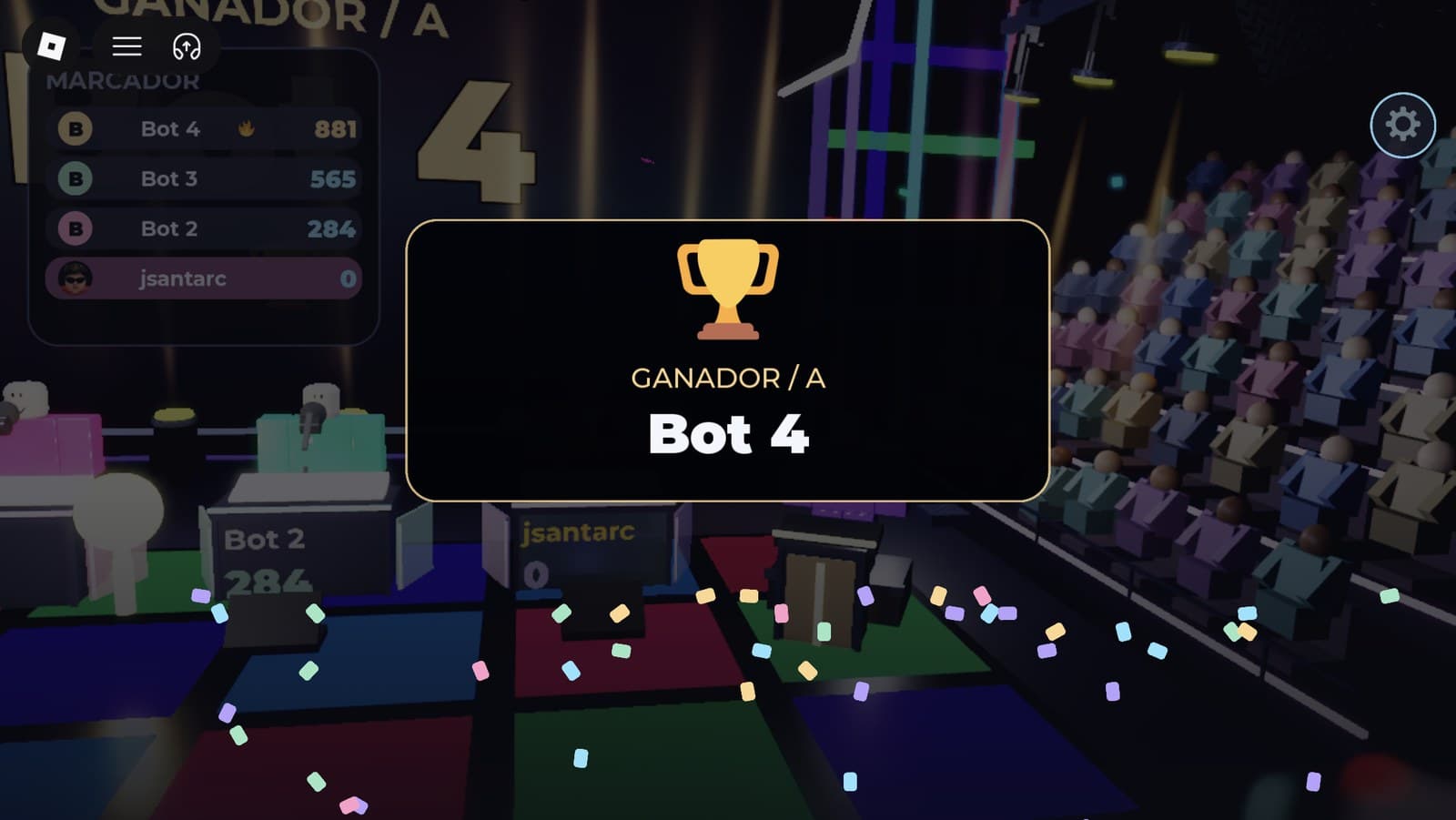 Winner card for Bot 4 over the stage with confetti falling and the blinders lit
