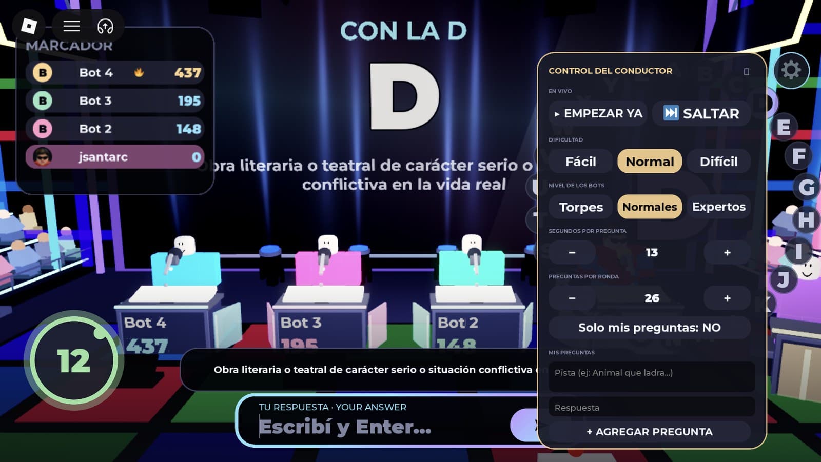 The host control panel with start, skip, difficulty, bot level, seconds per question, questions per round and a custom question box