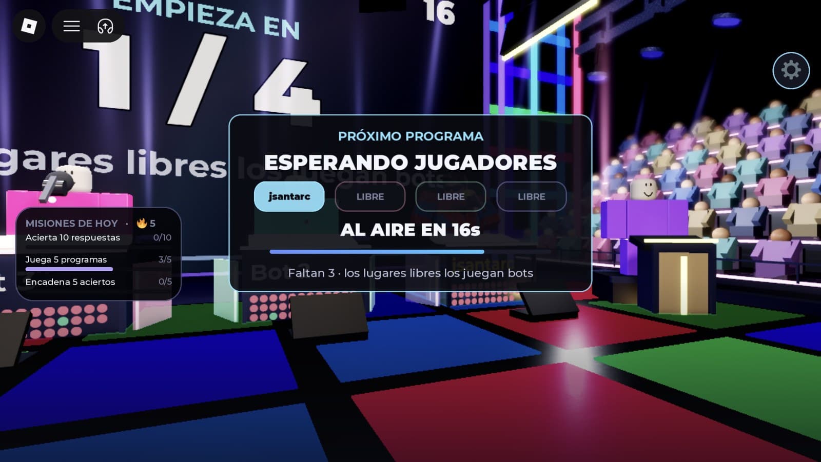 TV Studio lobby with a seat board showing one human and three free seats, and a countdown to air