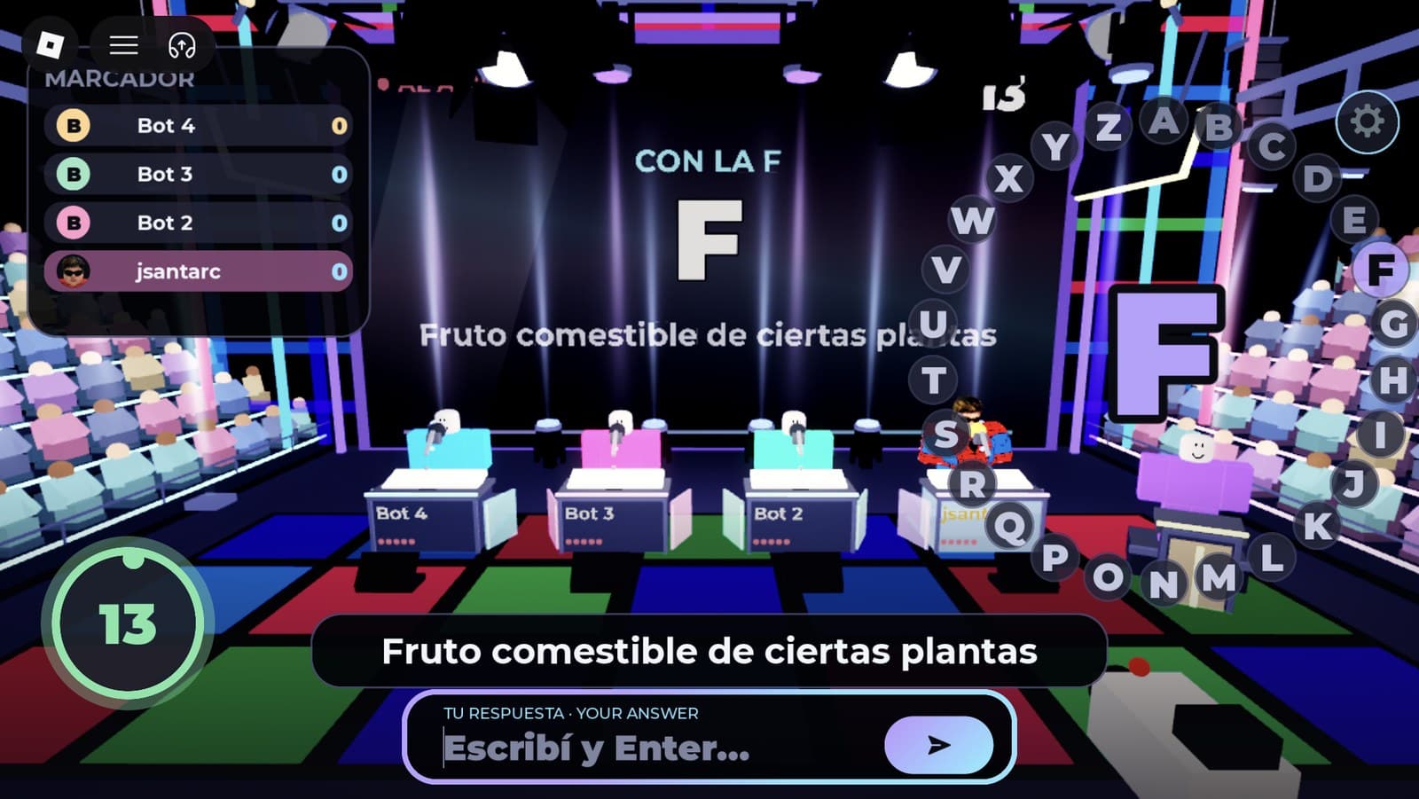 Word-wheel question with the letter ring, a radial timer, the scoreboard and the answer box