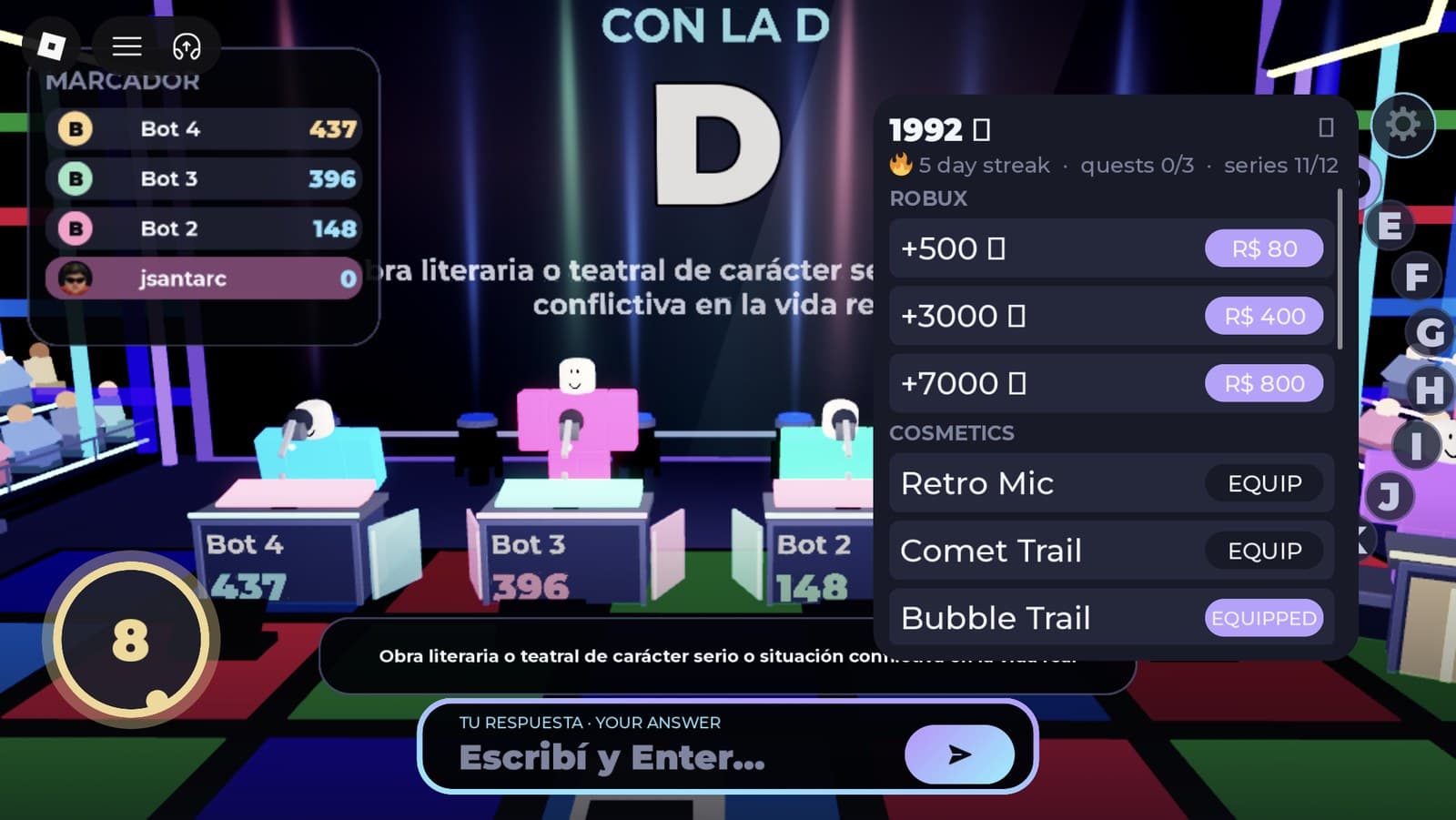 The storefront panel with coin balance, streak, quests, Robux coin packs and cosmetics with equip buttons
