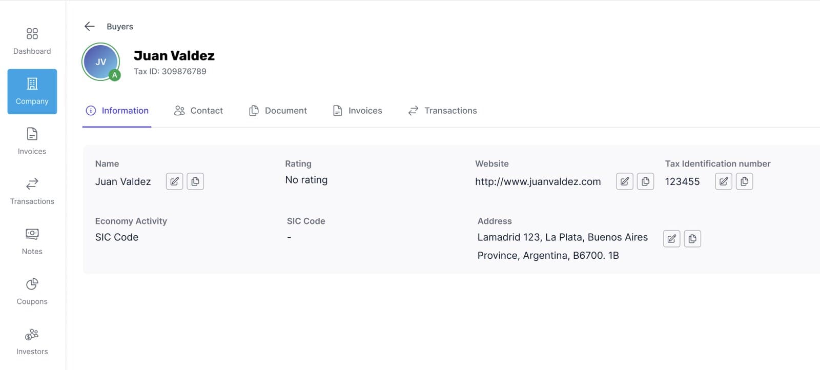 Buyer record showing name, rating, website, tax identification number, economy activity and address